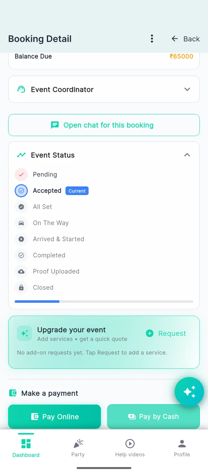 Customer event status tracking in the Eventzloop app