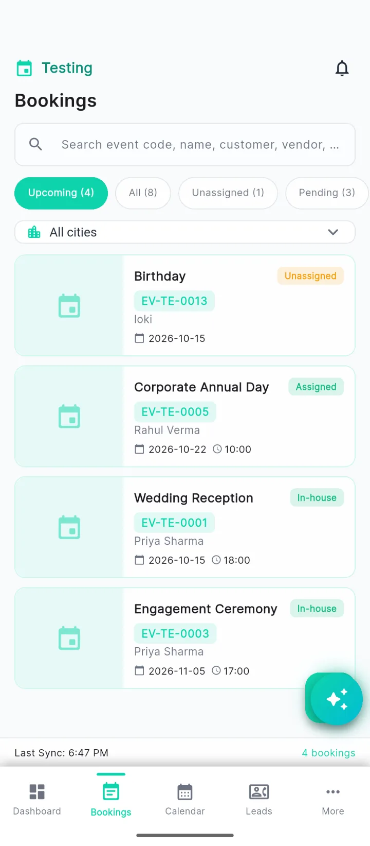 Bookings list in the Eventzloop app