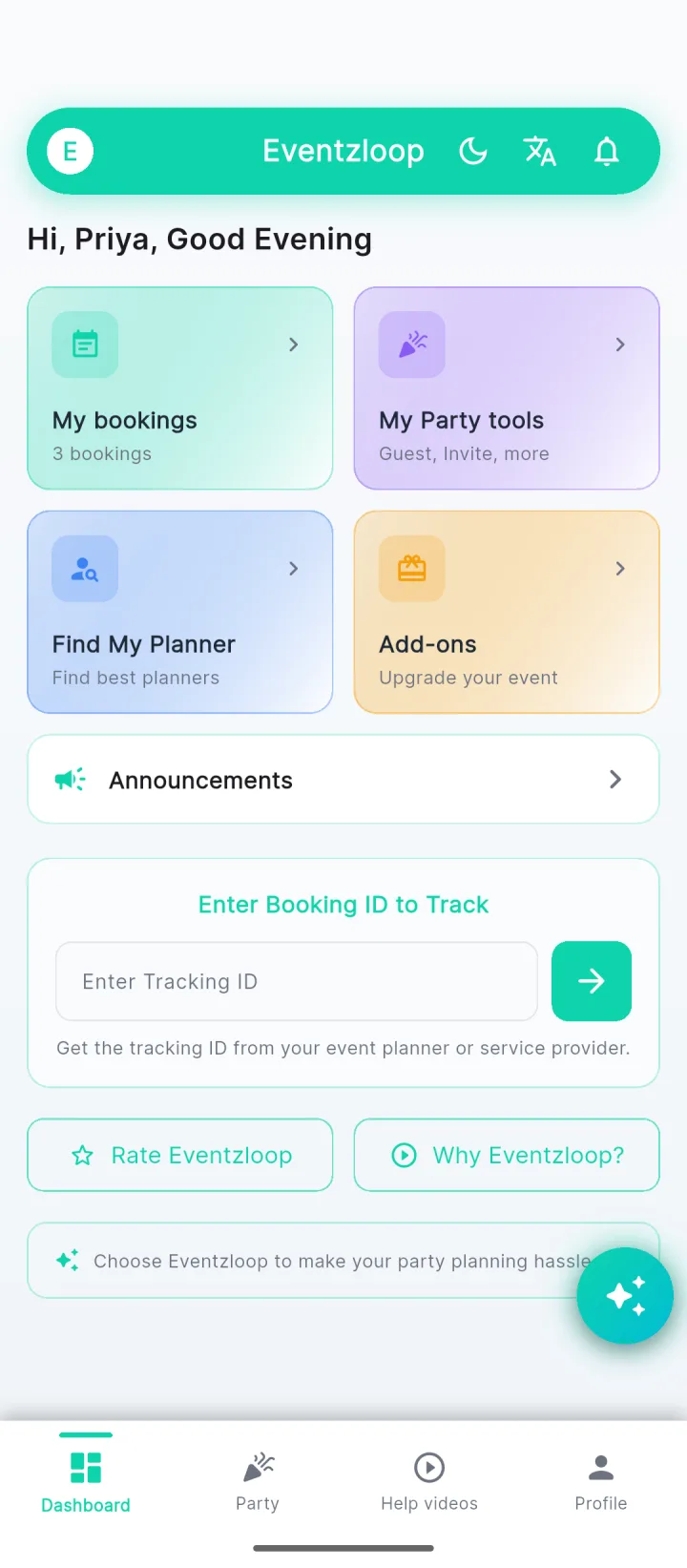 Customer home screen in the Eventzloop app