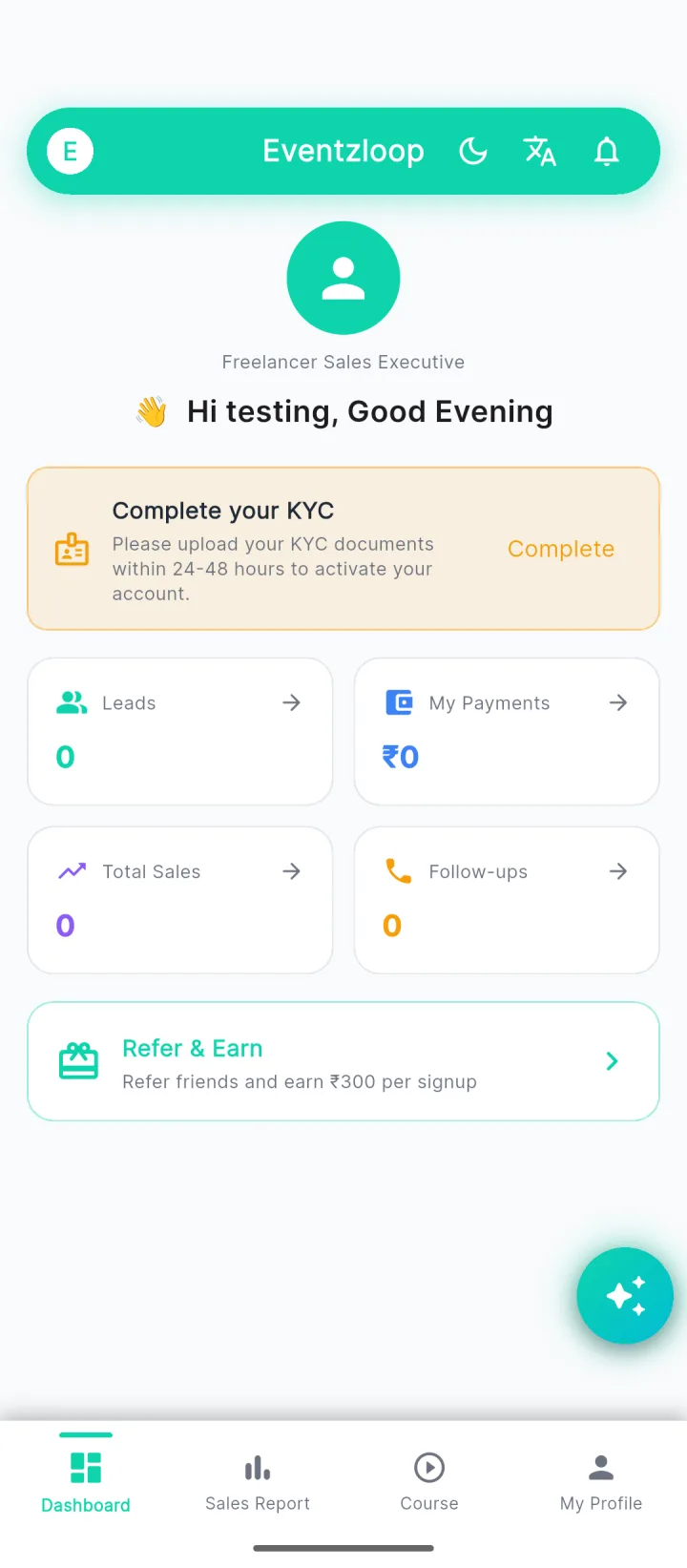 Sales partner home screen in the Eventzloop app