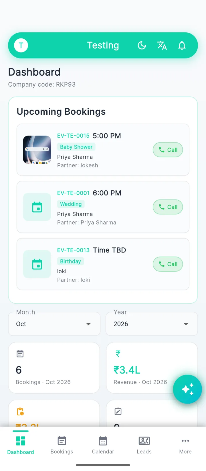 Event company dashboard in the Eventzloop app