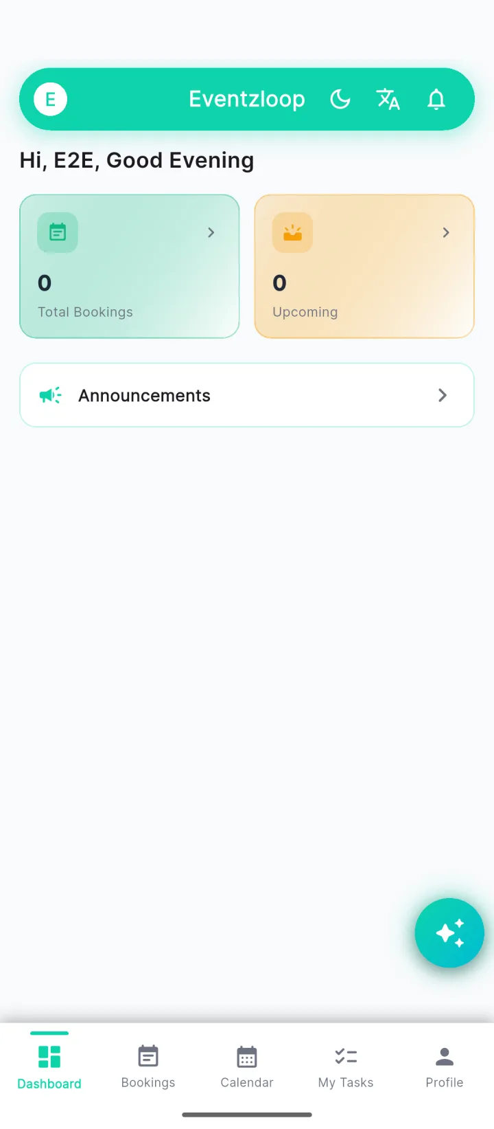 Team member home screen in the Eventzloop app