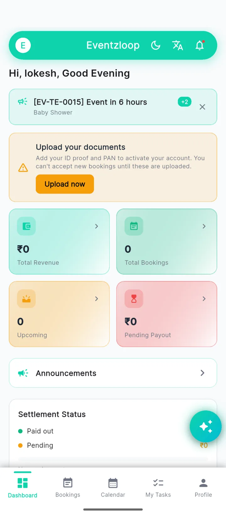 Vendor home screen in the Eventzloop app